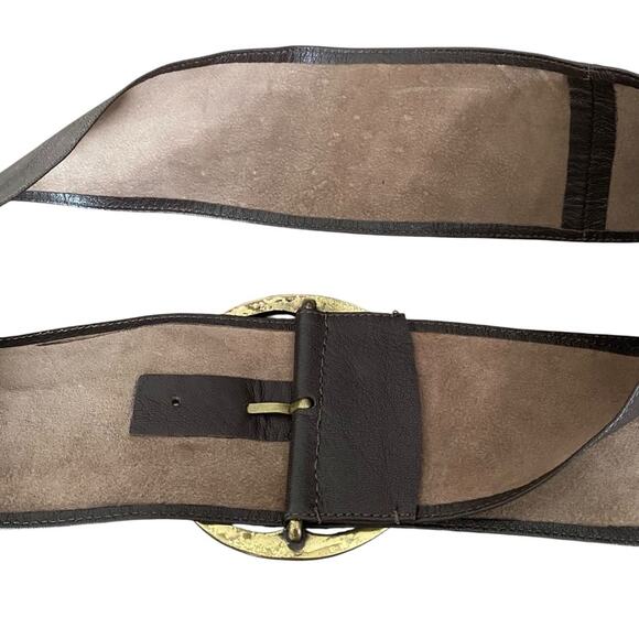 Chocolate Brown Leather Wide Waist Belt Gold Tone Circle Buckle Rhinestone - Picture 6 of 7